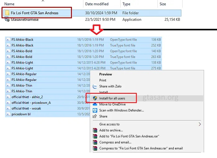 Fix Loi Font GTA San Andreas > bôi đen toàn bộ > chọn "Install for all users"