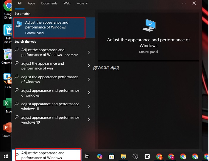 Mở tìm kiếm và nhập từ khóa "Adjust performance"