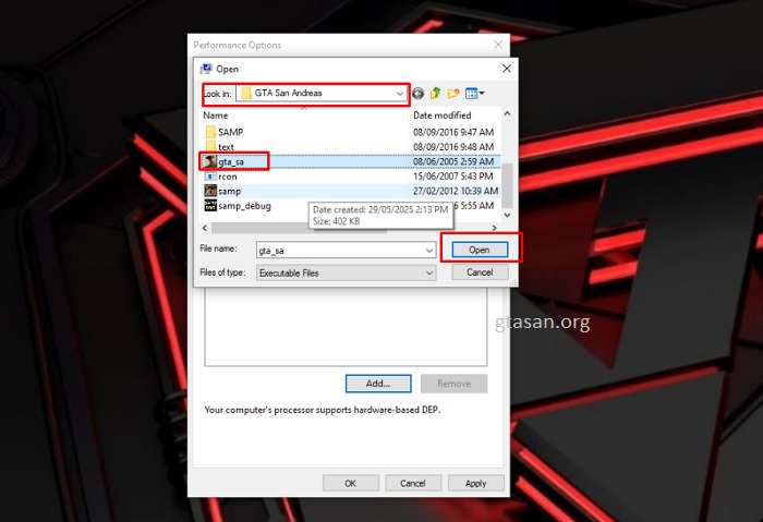 Add file > gta_sa.exe