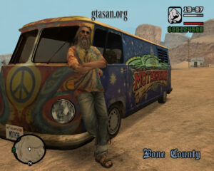 Nhân vật The Truth bên cạnh chiếc xe van Mothership trong GTA San Andreas